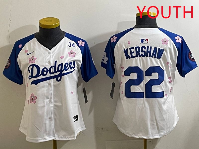 Youth Los Angeles Dodgers #22 Kershaw White Blue Sakura Edition 2025 Nike MLB Jersey style 7->youth mlb jersey->Youth Jersey